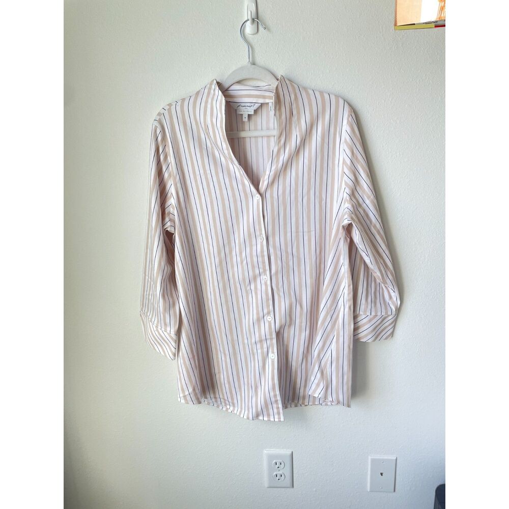 Office siren striped blouse 14 Foxcroft NYC beige mandarin collar top